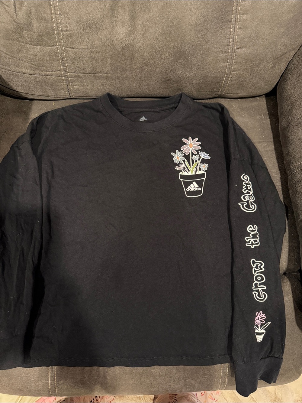 Girls adidas Black Long Sleeve Tee with Floral Pot Graphic